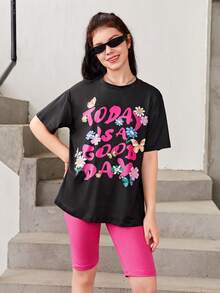 SHEIN 青少年女孩花和標語圖案落肩T恤和騎行褲