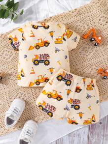 男嬰挖掘機印花T恤和短褲套裝 - 杏色 - 查看 2