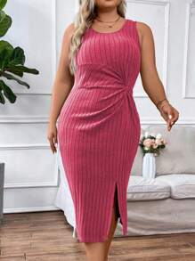 Celure 大碼前扭結高衩洋裝 - 玫紅色 - 查看 3