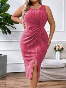 Celure 大碼前扭結高衩洋裝 - 玫紅色 - 查看 6