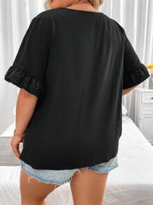 Celure Plus Contrast Lace Flare Sleeve Peplum Blouse - Black - View 3