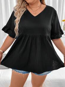 Celure Plus Contrast Lace Flare Sleeve Peplum Blouse - Black - View 5