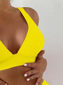 SHEIN Swim 素色深V領比基尼泳裝 - 黃色 - 查看 4