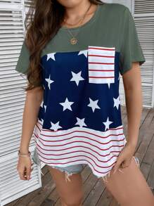 SHEIN LUNE 大碼條紋和星星印花補丁貼口袋T恤 - 軍綠色 - 查看 1