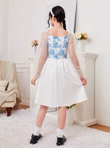 SHEIN 青少年女孩印花網紗拼接喇叭袖洋裝 - 藍白色 - 查看 2