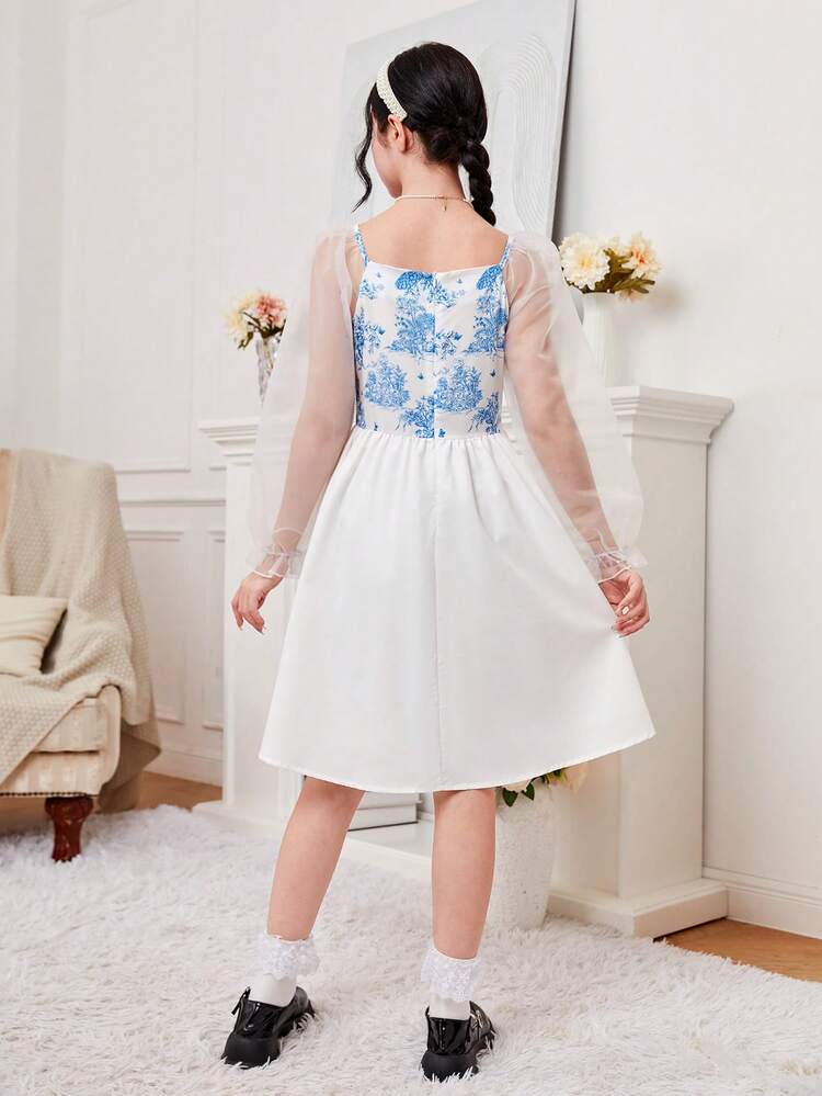 Teen Girls Floral Print Contrast Mesh Flare Sleeve Dress