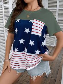 SHEIN LUNE 大碼條紋和星星印花補丁貼口袋T恤 - 軍綠色 - 查看 8