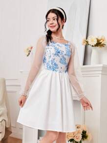 SHEIN 青少年女孩印花網紗拼接喇叭袖洋裝 - 藍白色 - 查看 5