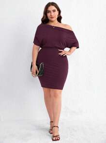 Firerie 大碼素色不對稱領蝙蝠袖緊身洋裝 - 中紫紅色 - 查看 4