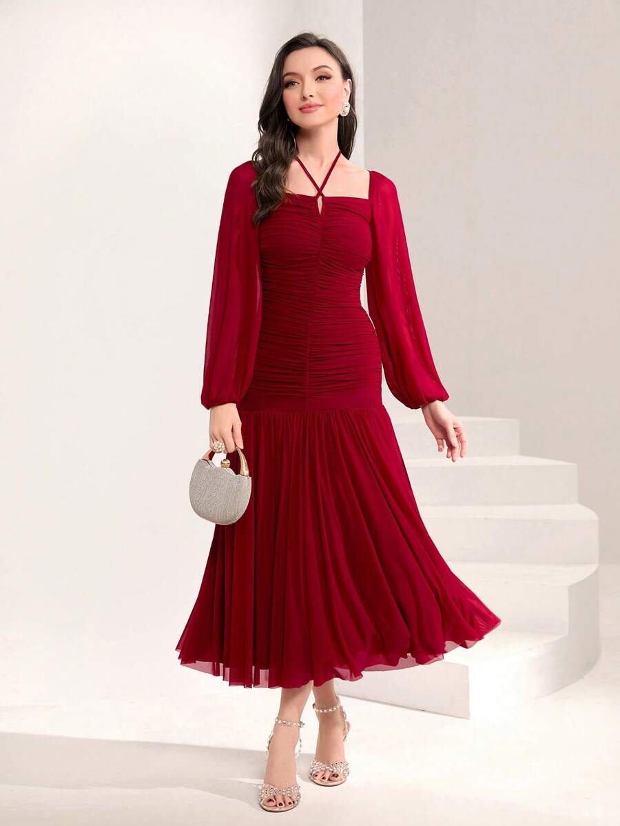 Modelyn Burgundy Red Tie Back Lantern Sleeve Ruched Mesh Dress Long Evening Dresses - Burgundy - View 1