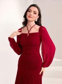 Modelyn Burgundy Red Tie Back Lantern Sleeve Ruched Mesh Dress Long Evening Dresses - Burgundy - View 3