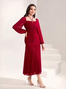 Modelyn Burgundy Red Tie Back Lantern Sleeve Ruched Mesh Dress Long Evening Dresses - Burgundy - View 4