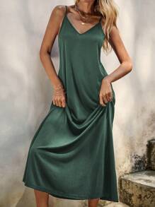 SHEIN LUNE Solid Cami Dress - Green - View 4