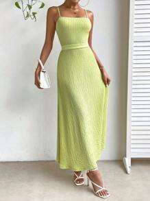 SHEIN Privé 素色吊帶連衣裙 - 綠色 - 查看 4