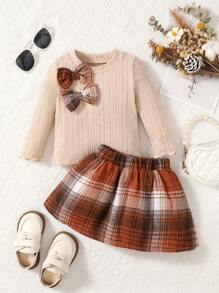 Baby Bow Front Tee & Plaid Print Skirt - Multicolor - View 3