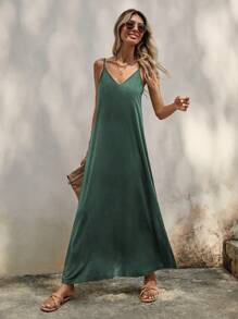 SHEIN LUNE Solid Cami Dress - Green - View 5