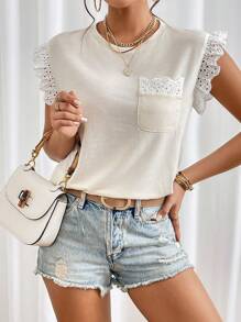 SHEIN Privé Guipure Lace Panel Pocket Patched Tee - Apricot - View 1