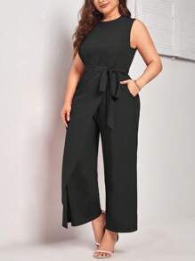 SHEIN Privé Plus Split Hem Belted Jumpsuit - Black - View 1
