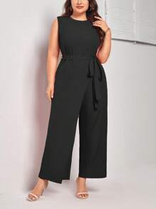 SHEIN Privé Plus Split Hem Belted Jumpsuit - Black - View 3