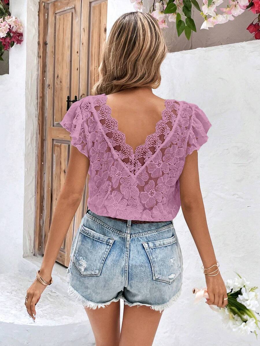SHEIN Frenchy 蕾絲拼接蝴蝶袖襯衫 - 粉色 - 查看 1