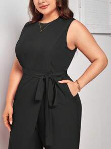 SHEIN Privé Plus Split Hem Belted Jumpsuit - Black - View 4
