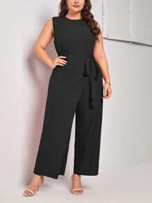 SHEIN Privé Plus Split Hem Belted Jumpsuit - Black - View 5