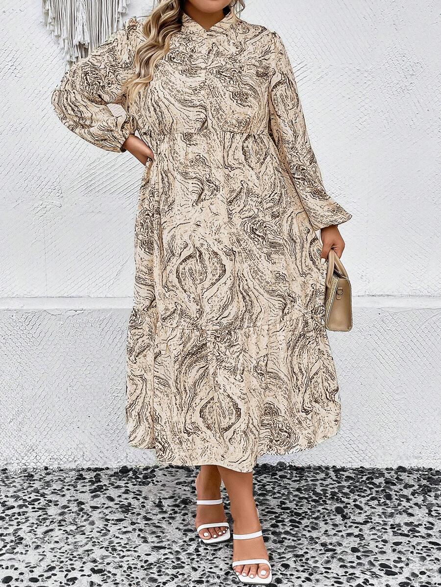 SHEIN LUNE 大碼滿版印花燈籠袖襯衫連衣裙 - 棕色 - 查看 1