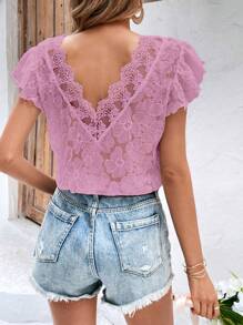 SHEIN Frenchy 蕾絲拼接蝴蝶袖襯衫 - 粉色 - 查看 6