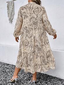 SHEIN LUNE 大碼滿版印花燈籠袖襯衫連衣裙 - 棕色 - 查看 2