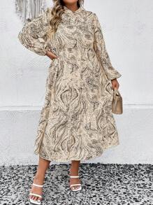 SHEIN LUNE 大碼滿版印花燈籠袖襯衫連衣裙 - 棕色 - 查看 3