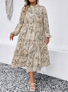 SHEIN LUNE 大碼滿版印花燈籠袖襯衫連衣裙 - 棕色 - 查看 4