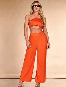 SHEIN BAE 十字交叉後背繫帶闊腿繞頸連體褲 - 橘色 - 查看 4