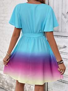 SHEIN LUNE 漸層蝴蝶袖繫腰帶連衣裙 - 彩色 - 查看 2