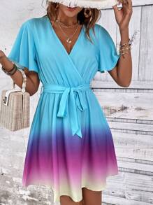 SHEIN LUNE 漸層蝴蝶袖繫腰帶連衣裙 - 彩色 - 查看 4