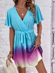 SHEIN LUNE 漸層蝴蝶袖繫腰帶連衣裙 - 彩色 - 查看 5