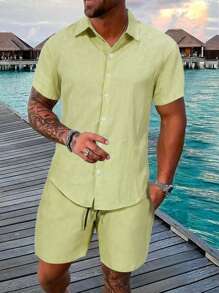 Manfinity Homme Men Solid Button Up Shirt & Drawstring Waist Shorts - Mint Green - View 1