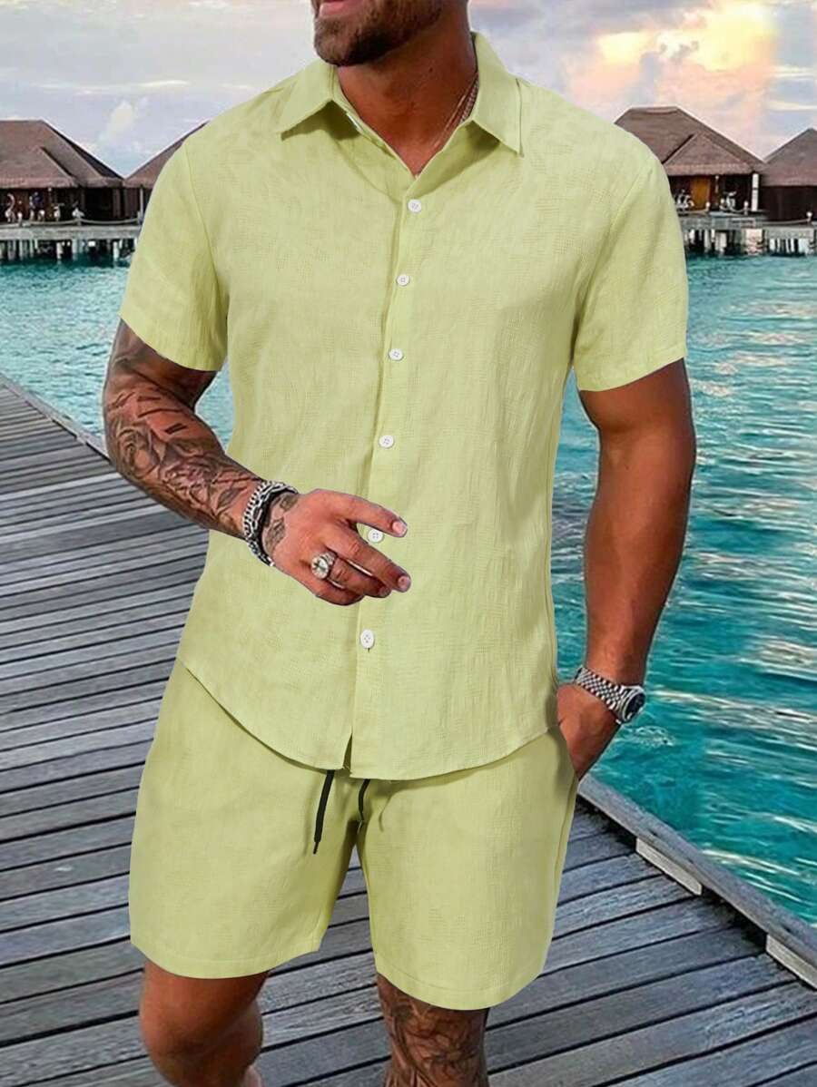 Manfinity Homme Men Solid Button Up Shirt & Drawstring Waist Shorts - Mint Green - View 1