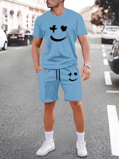 Guys Cartoon Graphic Tee & Drawstring Waist Shorts
