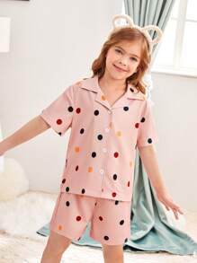 Đồ ngủ bé gái Nút phía trước Chấm bi Dễ thương - Hồng - Xem 3