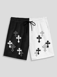 ROMWE MEN Goth Quần Short Nam Dây kéo Thắt nơ trước Khối Màu Hình học Giải trí - Đen và trắng - Xem 1