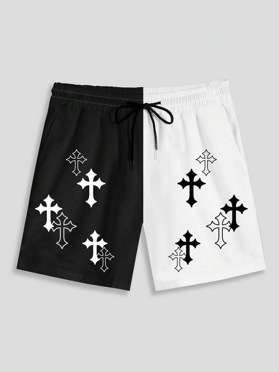 ROMWE MEN Goth Quần Short Nam Dây kéo Thắt nơ trước Khối Màu Hình học Giải trí - Đen và trắng - Xem 1