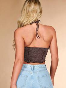 SHEIN BAE Ren Mộc nhĩ Viền khăn tay Không lưng Áo hai dây - Màu nâu Sô-cô-la - Xem 3