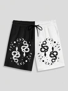 ROMWE MEN Street Life Quần Short Nam Dây kéo Thắt nơ trước Thú vật Khối Màu Giải trí - Đen và trắng - Xem 1