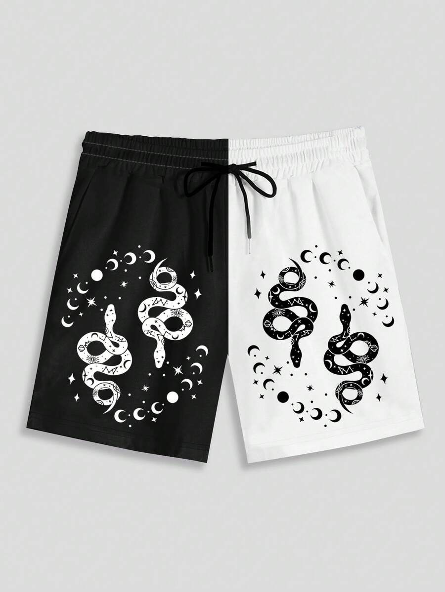 ROMWE MEN Street Life Quần Short Nam Dây kéo Thắt nơ trước Thú vật Khối Màu Giải trí - Đen và trắng - Xem 1