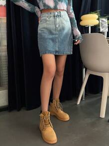 DAZY 素色斜口袋牛仔半身裙 - 中等水洗藍 - 查看 8