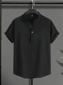 Manfinity Homme Camisa Para Hombre Con Medio Botón De Color Sólido Y Corte Holgado - Negro - Ver 1
