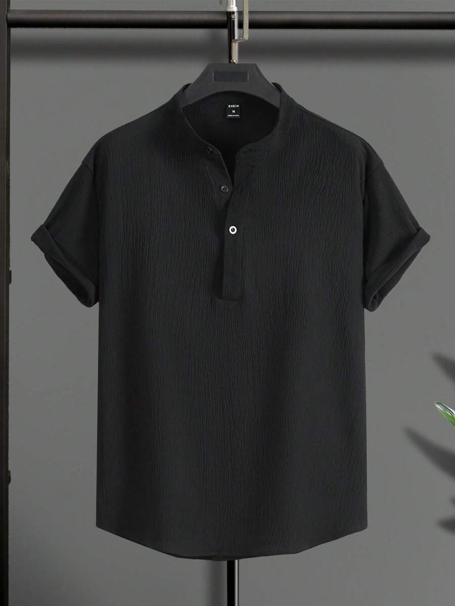 Manfinity Homme Camisa Para Hombre Con Medio Botón De Color Sólido Y Corte Holgado - Negro - Ver 1