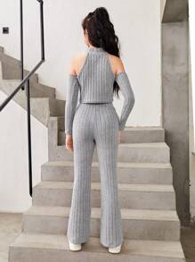 SHEIN 青少年女孩小高領挖肩T恤和喇叭褲 - 灰色 - 查看 2