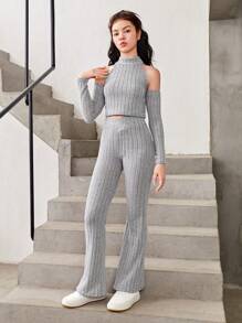 SHEIN 青少年女孩小高領挖肩T恤和喇叭褲 - 灰色 - 查看 3