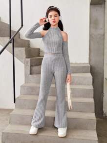 SHEIN 青少年女孩小高領挖肩T恤和喇叭褲 - 灰色 - 查看 4